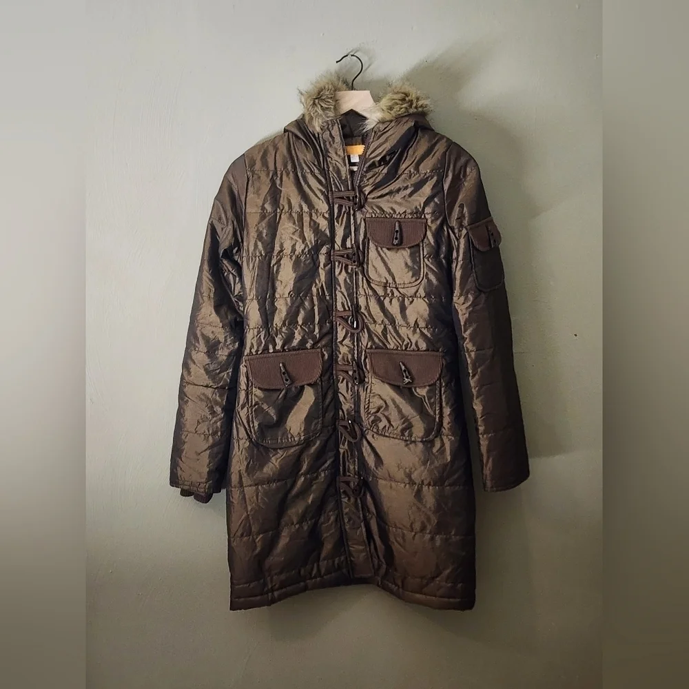 Tulle Anthropologie Brown Button Front Furry Hood Women's Puffer Coat Parka Smal - Picture 10 of 12